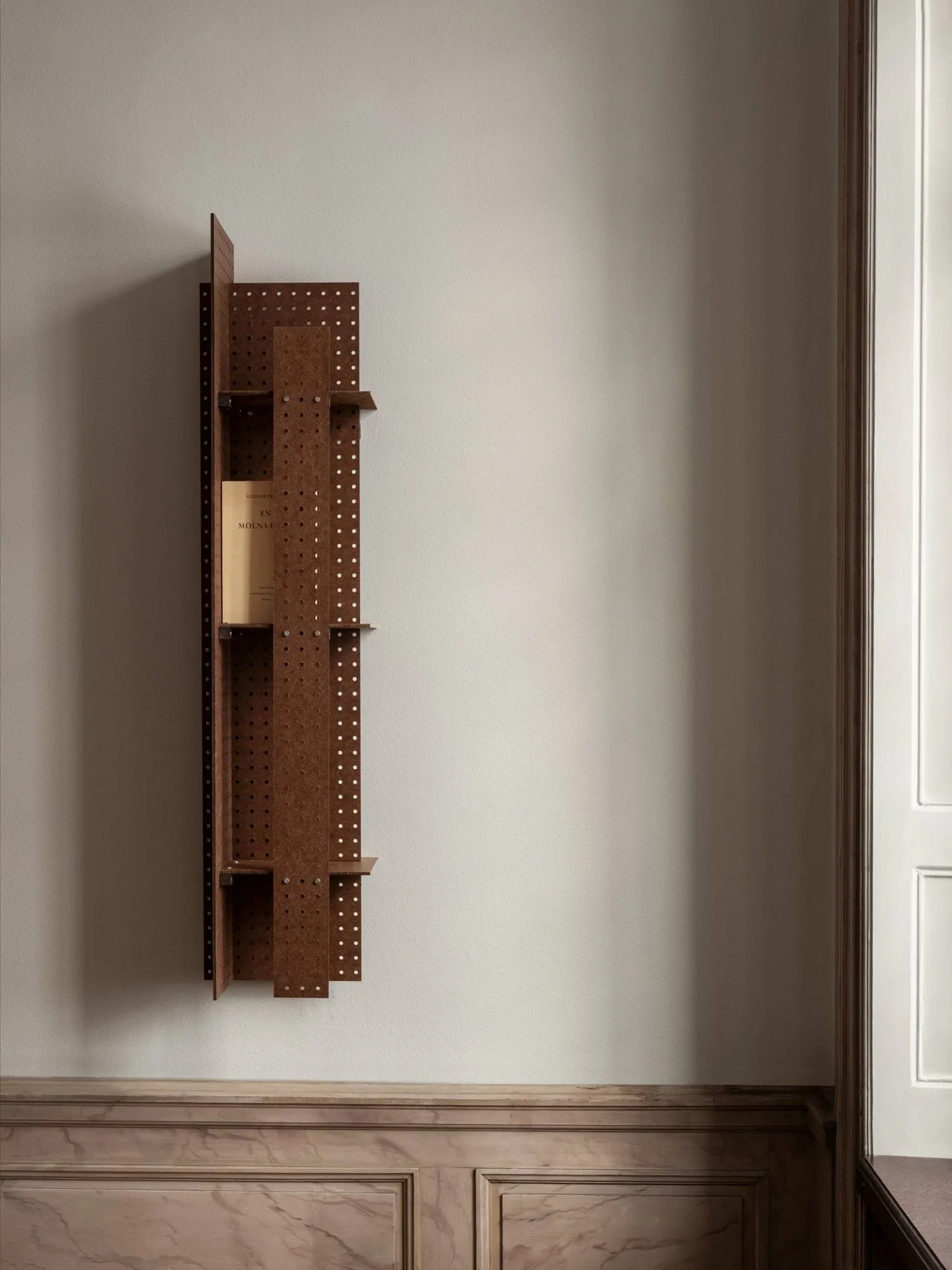 FF02 The Perforated Furniture wall shelf, Masonite-walnut, 28x24x128 cm Källemo
