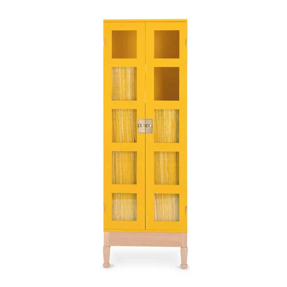 National Geographic bookcase, Yellow-plinth-base-brass Källemo
