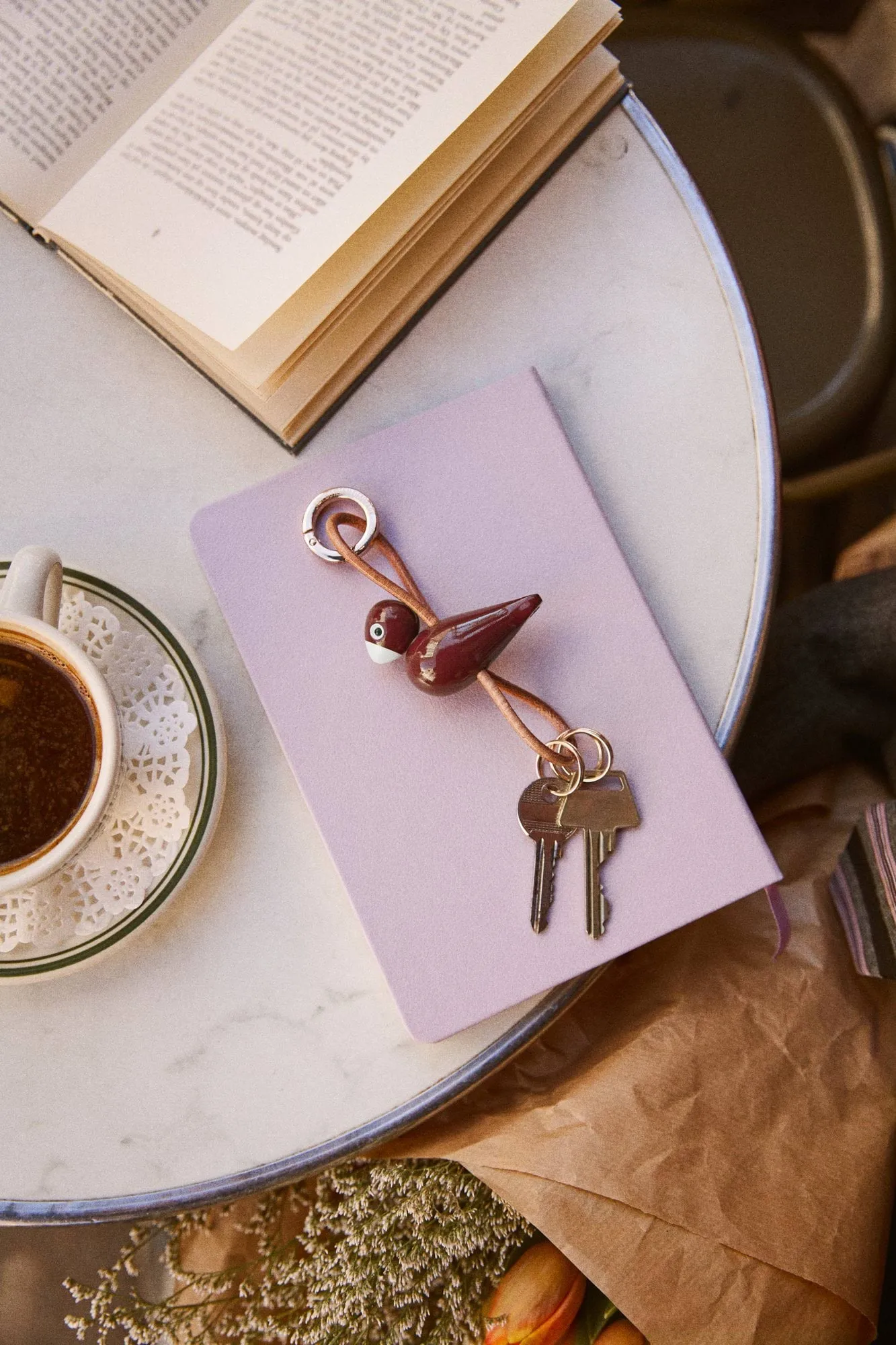 Kaj Bojesen bird keyring, Bordeaux, natural leather Kay Bojesen Denmark