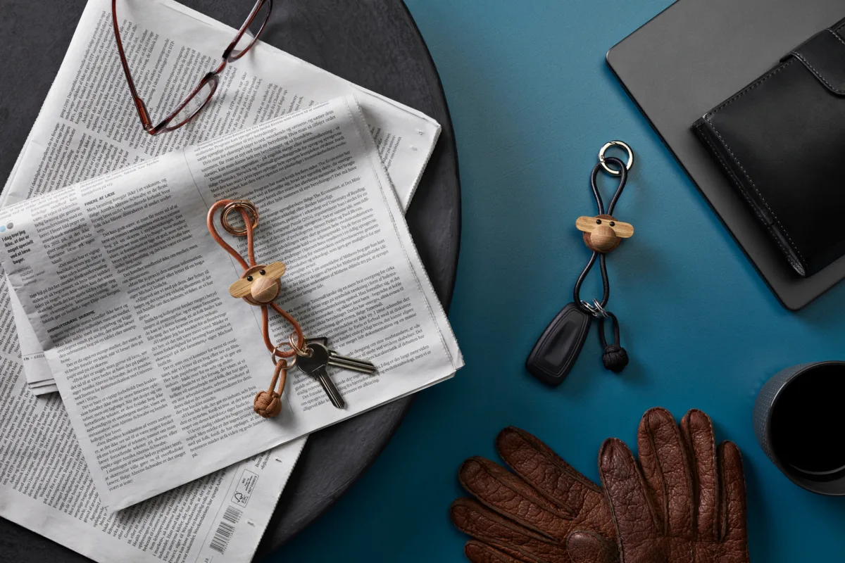 Kaj Bojesen monkey keyring, Teak, limba wood, natural leather Kay Bojesen Denmark