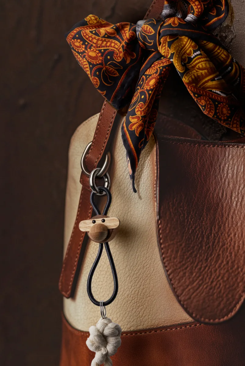 Kay Bojesen monkey keyring, Teak-limb wood, black leather Kay Bojesen Denmark