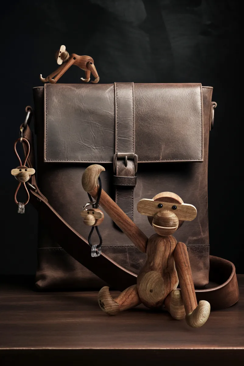 Kay Bojesen monkey keyring, Teak, limba wood, natural leather Kay Bojesen Denmark