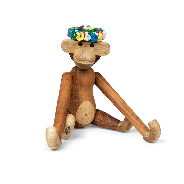 Kay Bojesen monkey small with midsummer wreath - teak-limba wood 20 cm - Kay Bojesen Denmark