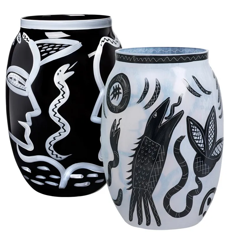 【未使用品】コスタボダ　KOSTA　Boda　花瓶　Caramba Kosta Boda Caramba Vase Hand Painted White Black Crystal Glass Decor