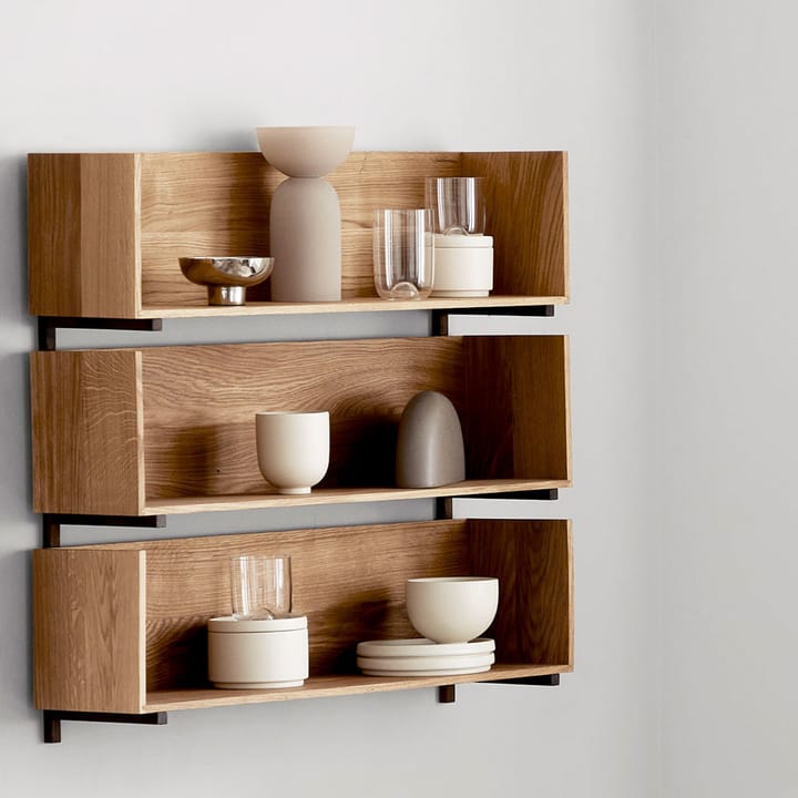 Stack wall shelf - Oak, consoles in dark oiled walnut - Kristina Dam Studio