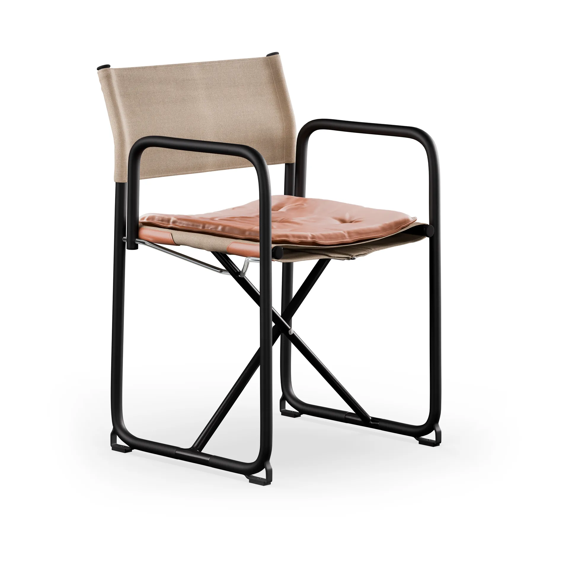 X75-2 armchair, Linen weave natural-Elmo Nordic leather Cognac-black legs Lammhults