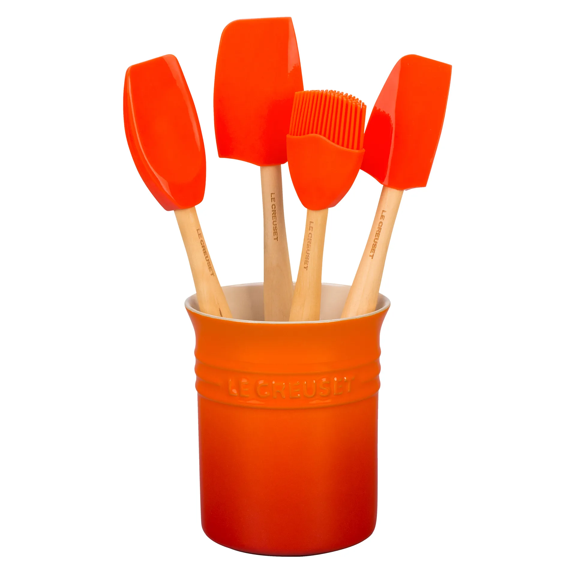 Le Creuset storage tin with utensils, Volcanic Le Creuset
