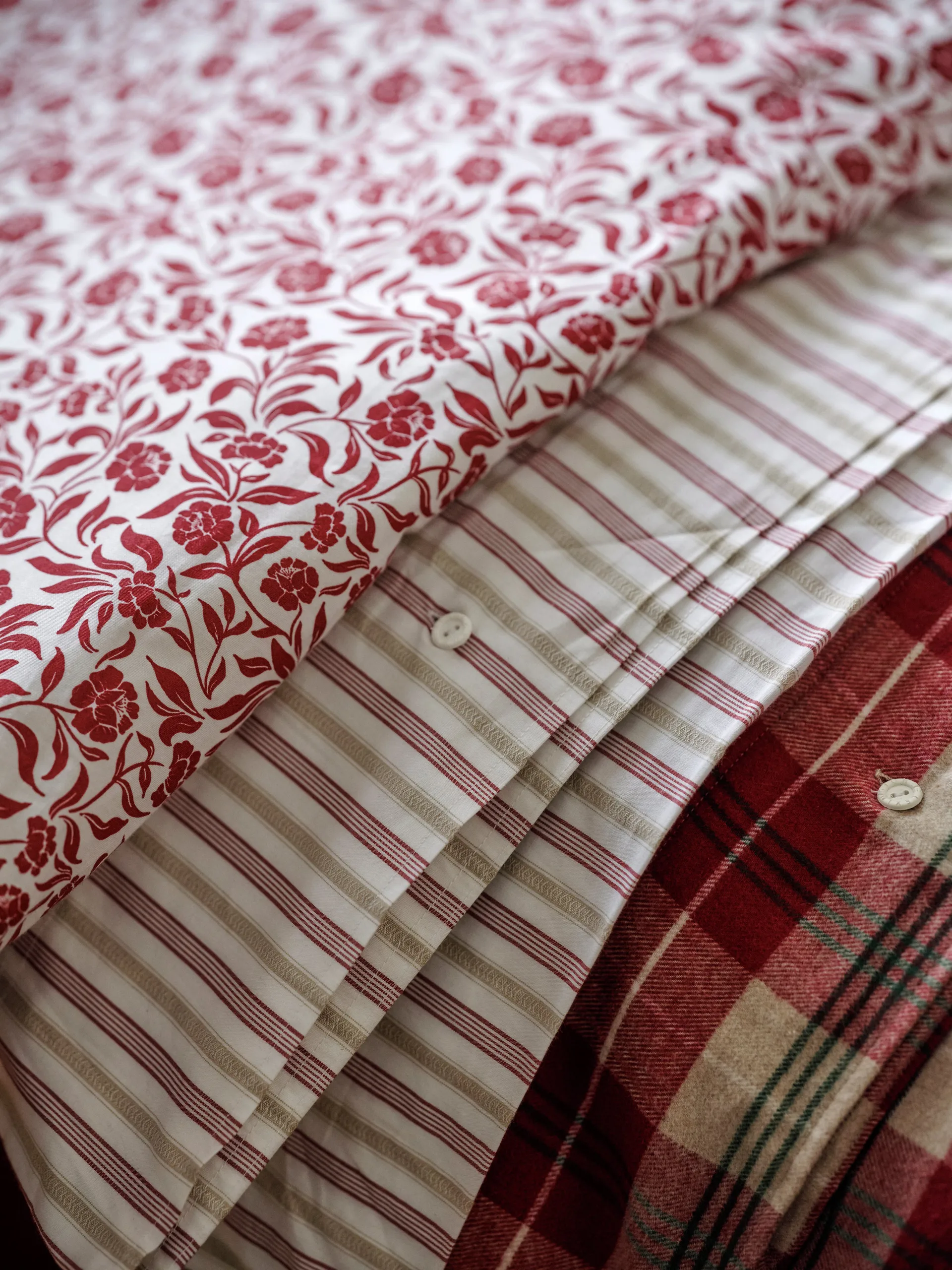 Checked cotton flannel bedding set, Red-beige-green-white Lexington
