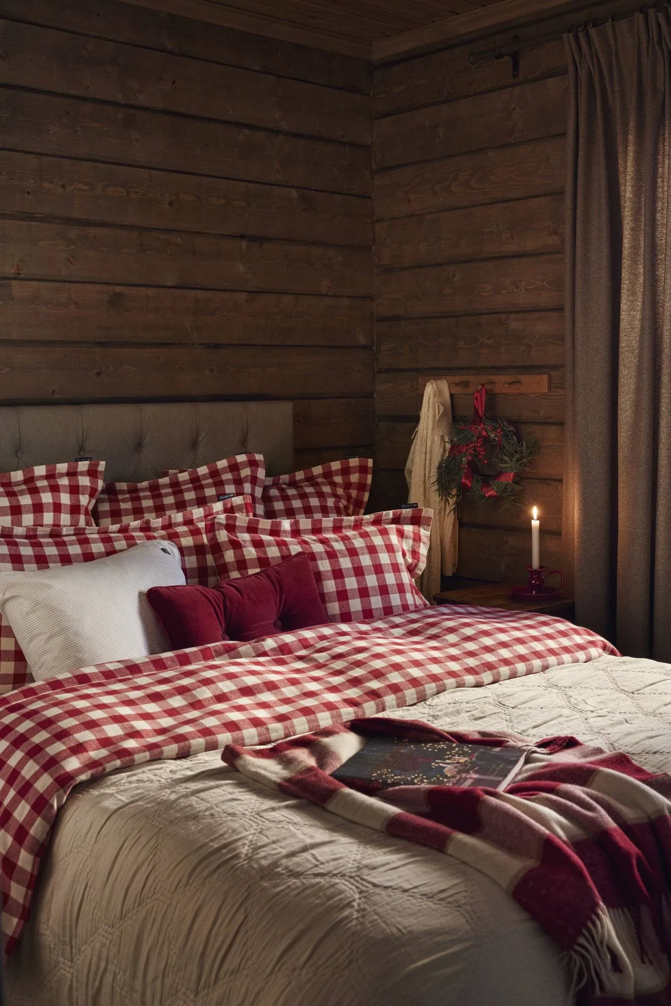 Checked cotton flannel bedding set, Red-light beige, 50x60 cm/150x210 cm Lexington