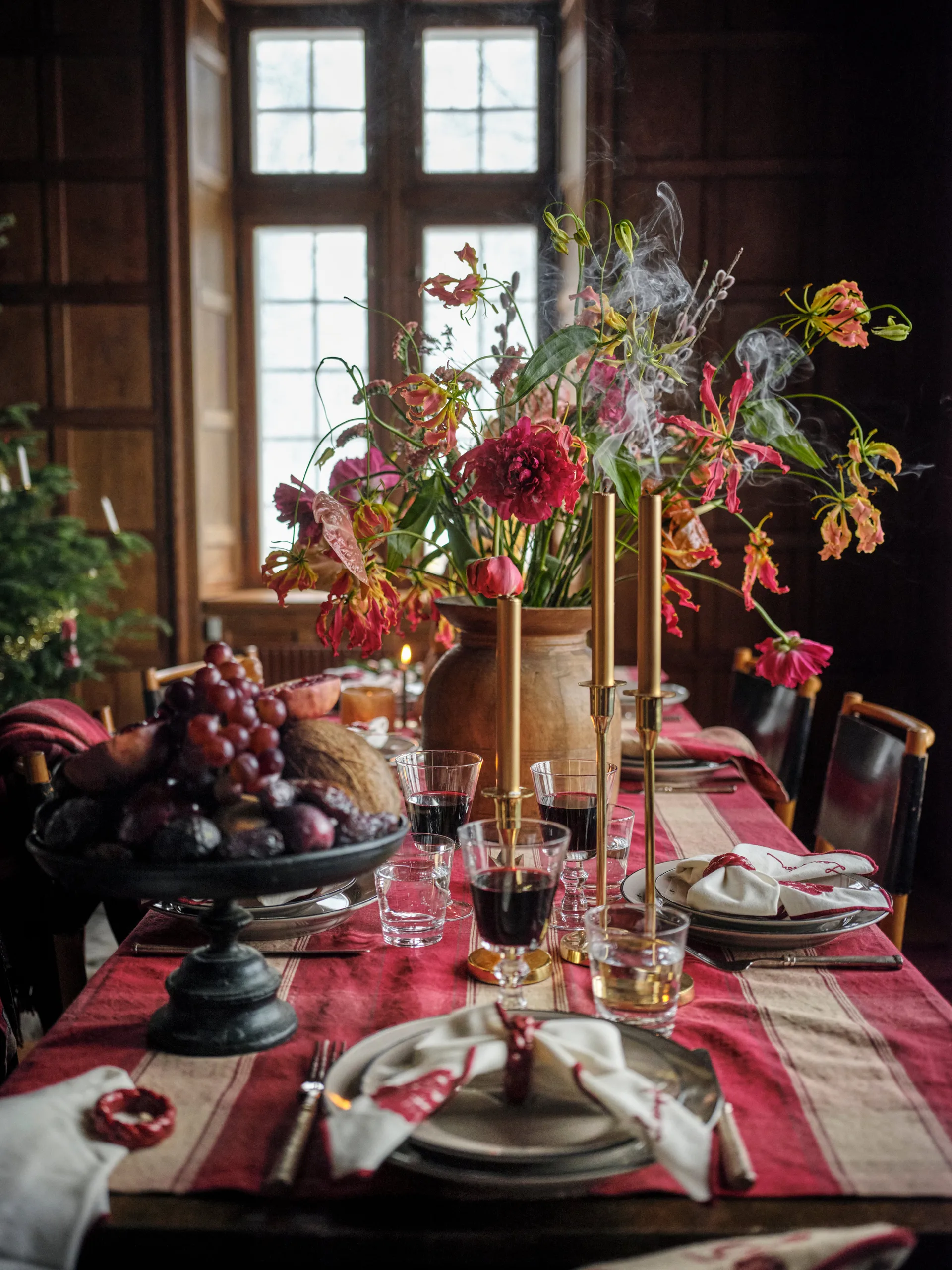 Checked linen-cotton tablecloth 150x350 cm, Red-beige Lexington