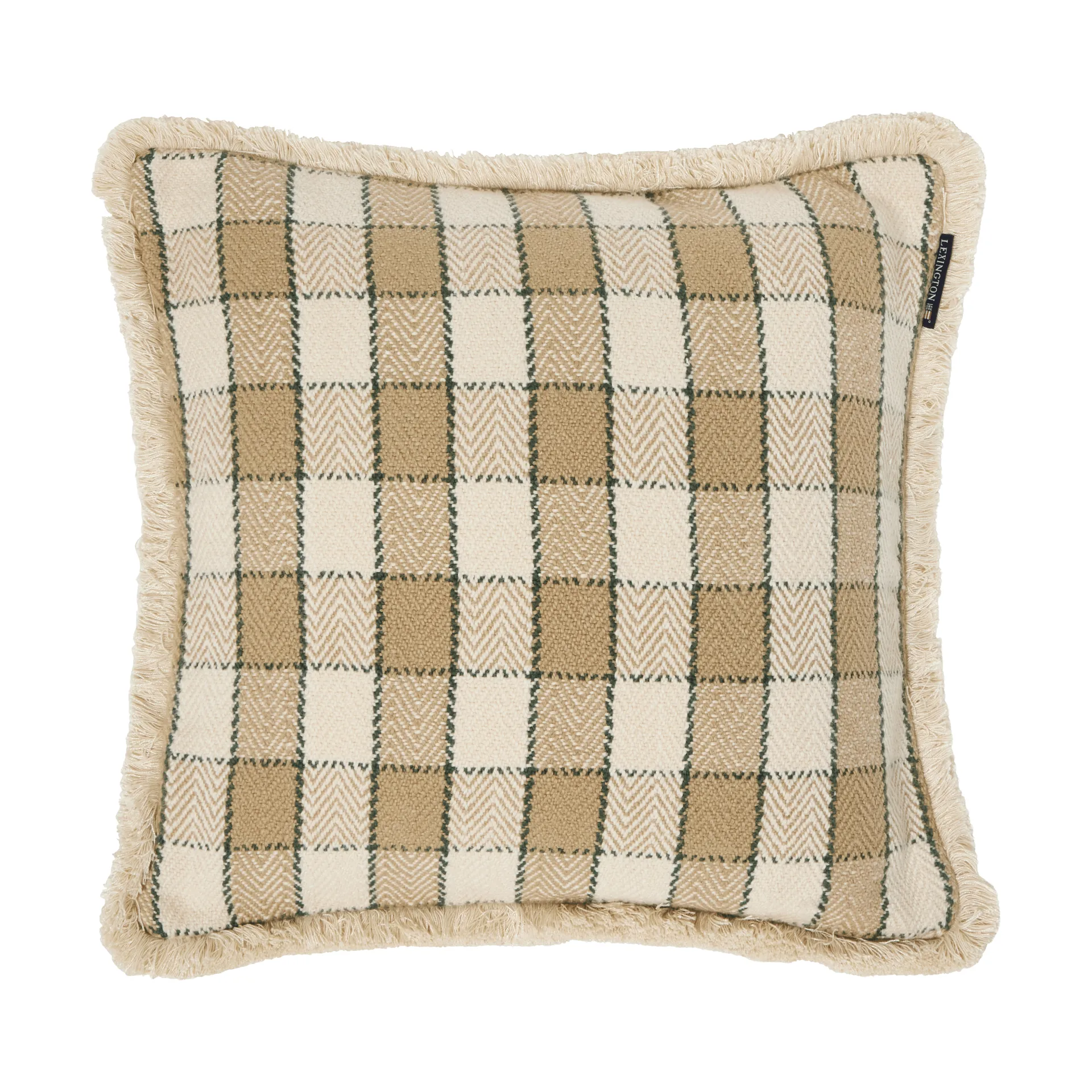 Checked organic cotton fringe cushion cover, Beige-light beige-green Lexington