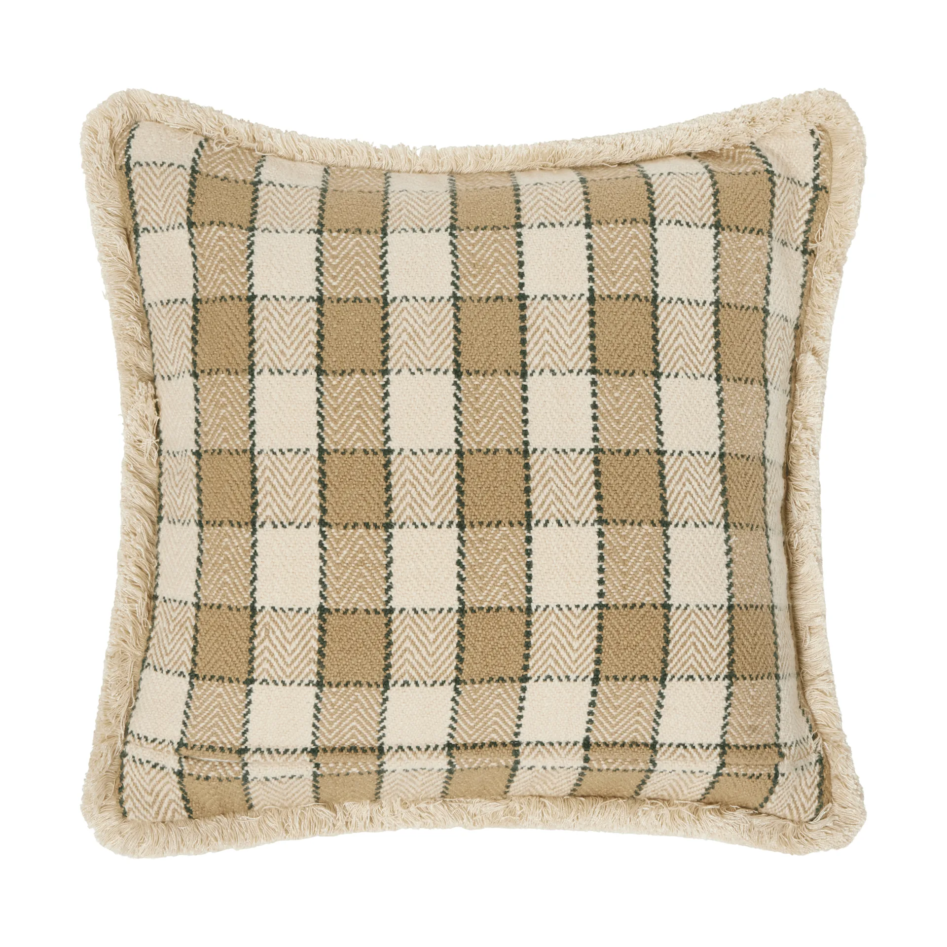 Checked organic cotton fringe cushion cover, Beige-light beige-green Lexington