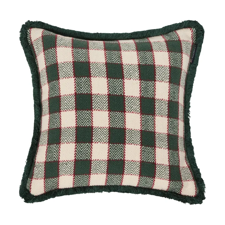 Checked organic cotton fringe cushion cover - Green-light beige-red - Lexington