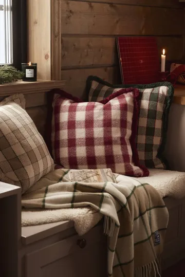 Checked organic cotton fringe cushion cover - Red-light beige-beige - Lexington