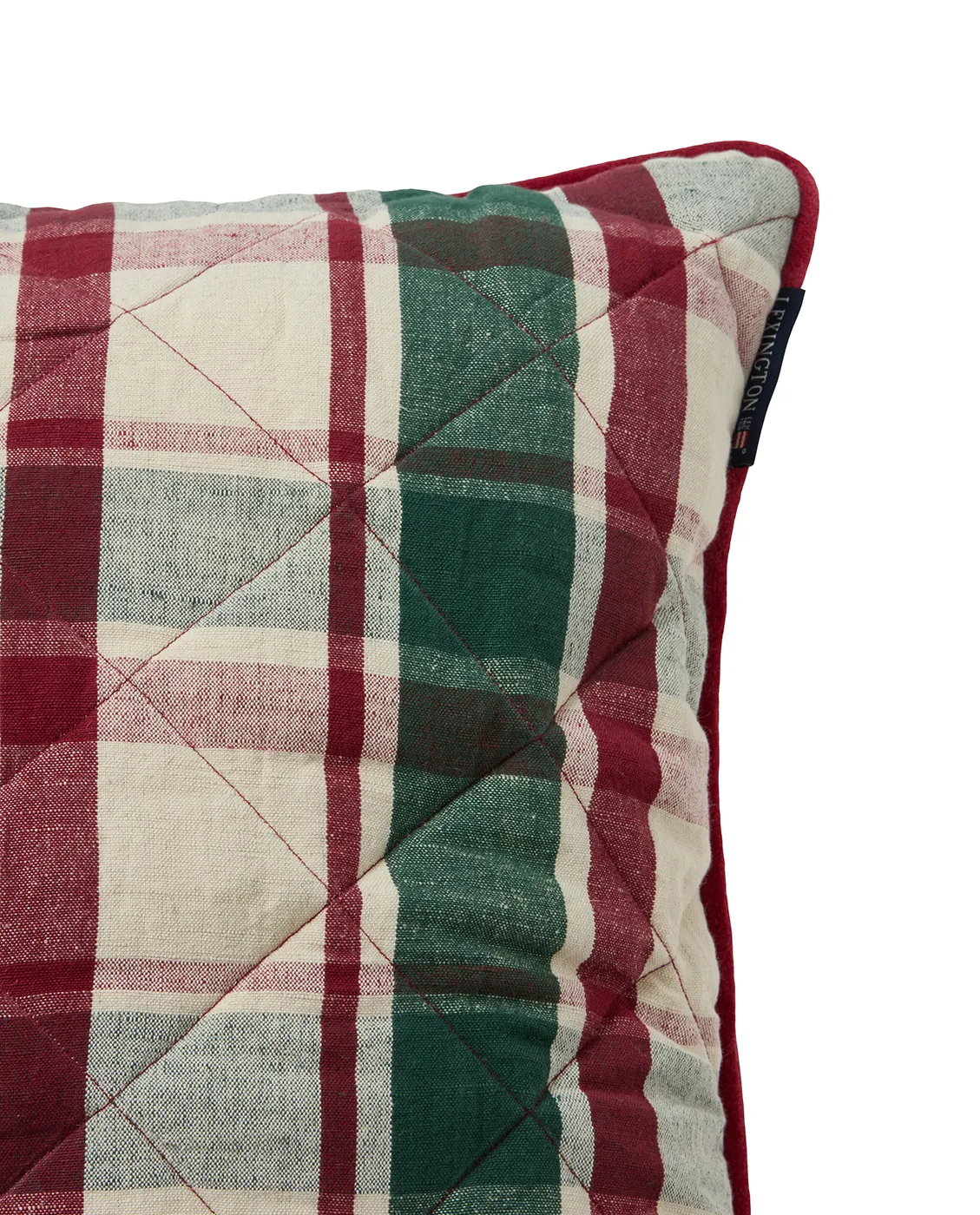 Checked quilted linen/cotton cushion cover 50x50 cm, Green-red-beige Lexington