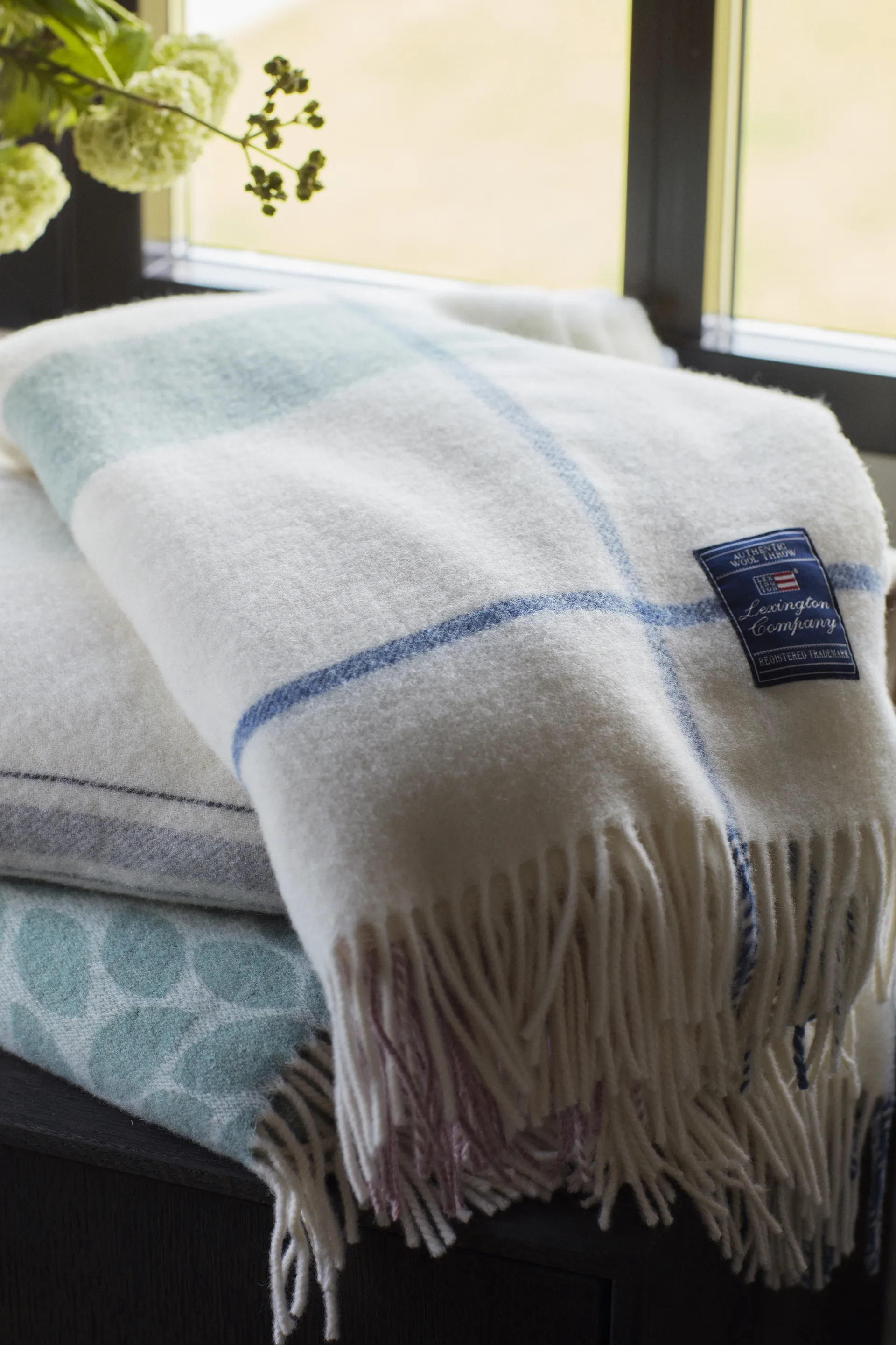 Checked Recycled wool throw 130x170 cm, Offwhite-green-pink Lexington