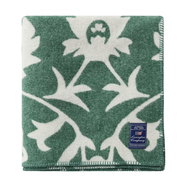 Flower jacquard-woven wool blanket - Green-Light beige - Lexington
