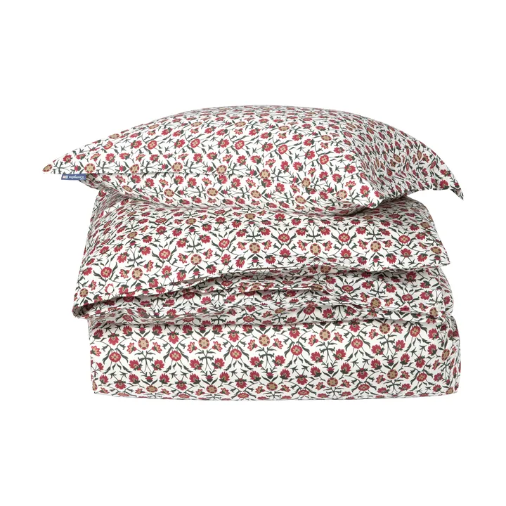 Flower printed cotton sateen bedding set - White-red-green-beige, 2 pcs 50x60 cm/1 pc 220x220 cm - Lexington