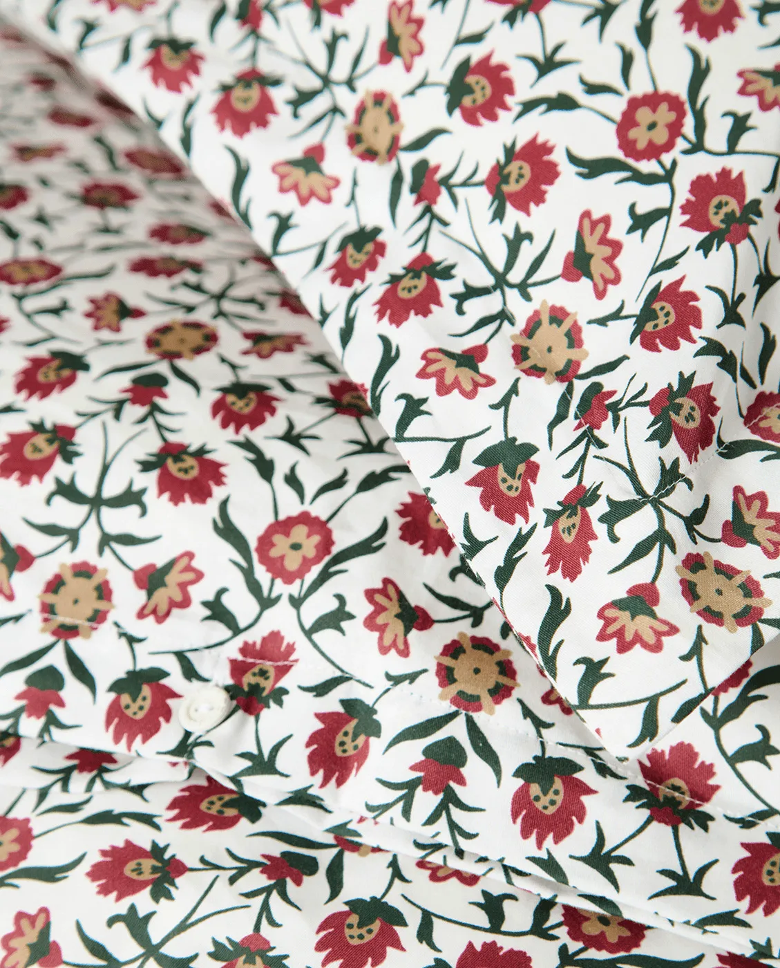 Flower printed cotton sateen bedding set, White-red-green-beige, 2 pcs 50x60 cm/1 pc 220x220 cm Lexington