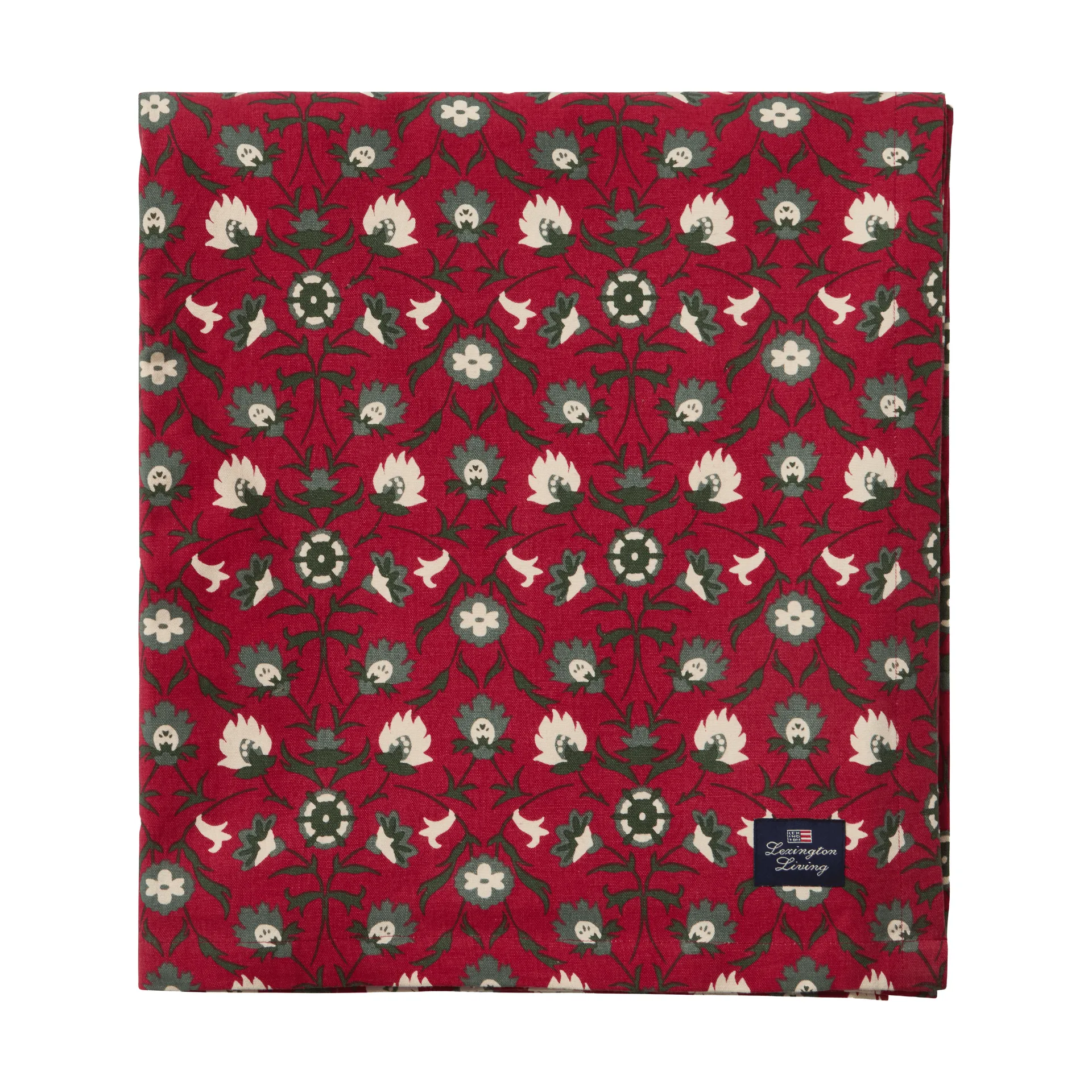 Flower printed organic cotton tablecloth, Red-beige-green, 150x250 cm Lexington