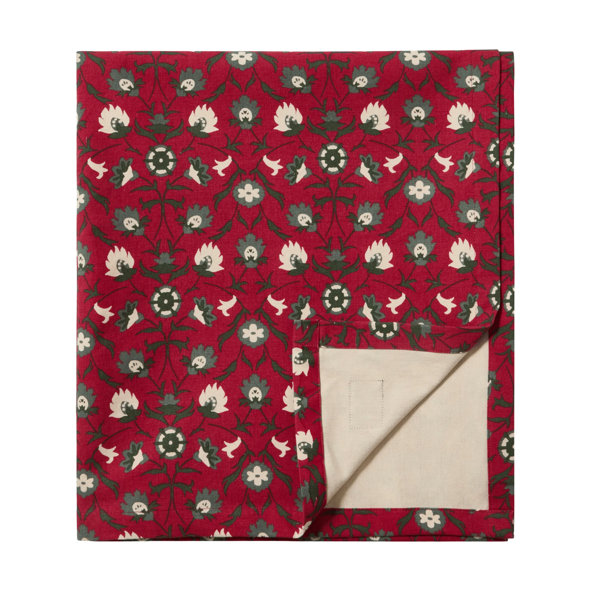 Flower printed organic cotton tablecloth, Red-beige-green, 150x350 cm Lexington