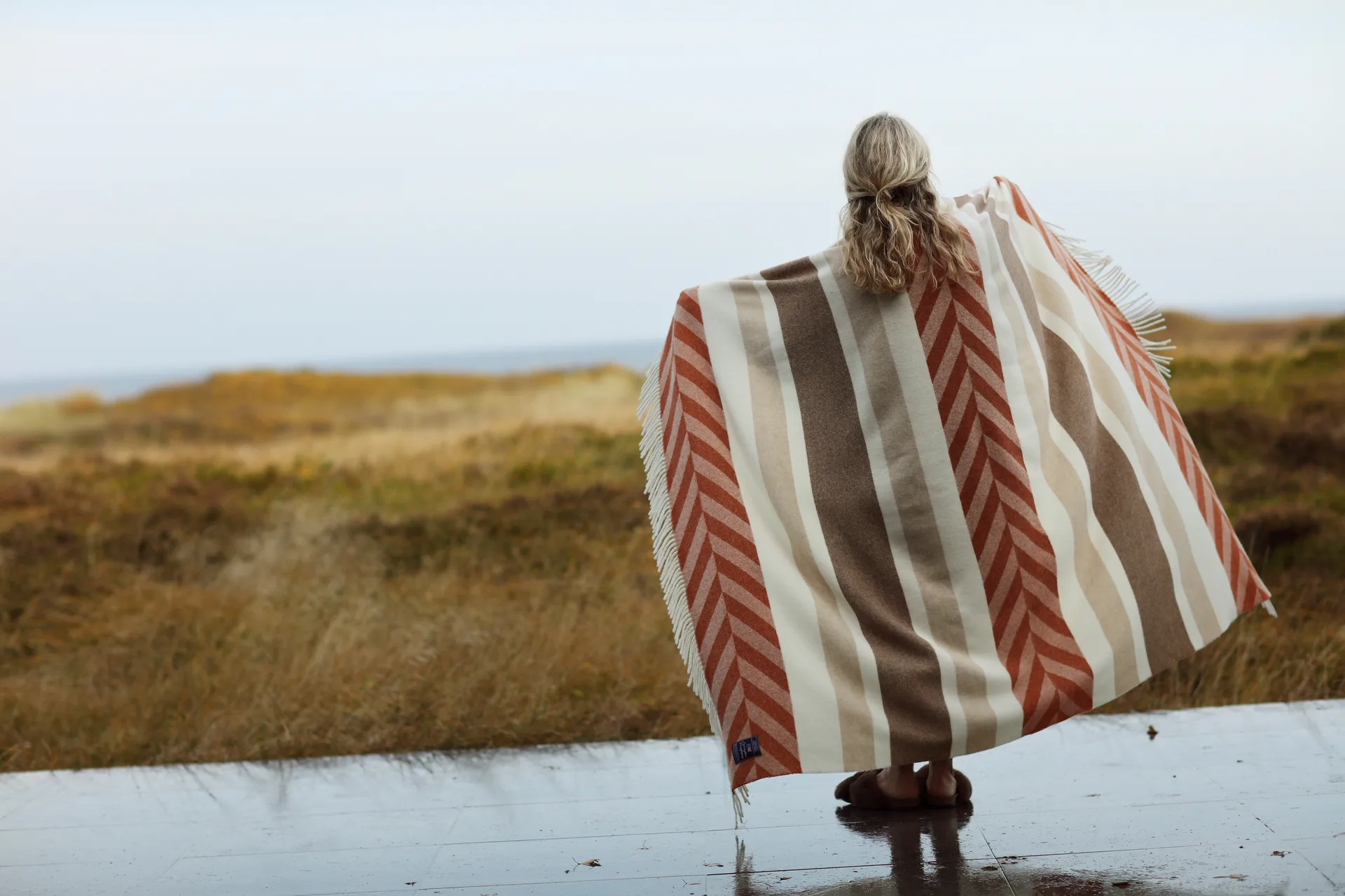 Herringbone Striped Recycled Wool throw 130x170 cm, Copper-brown Lexington
