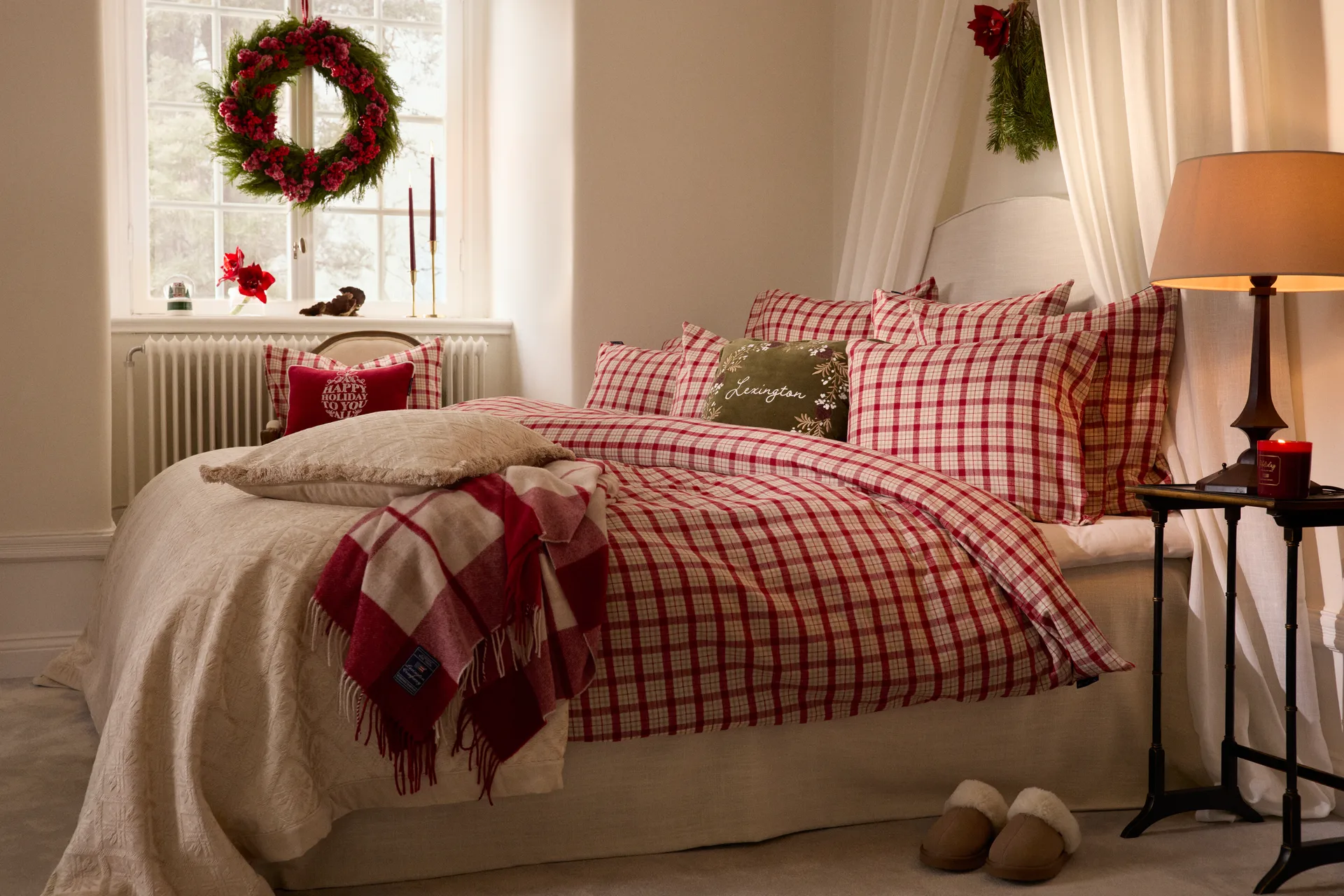 Red-beige Checked recycled wool throw 130x170 cm, Red-beige Lexington