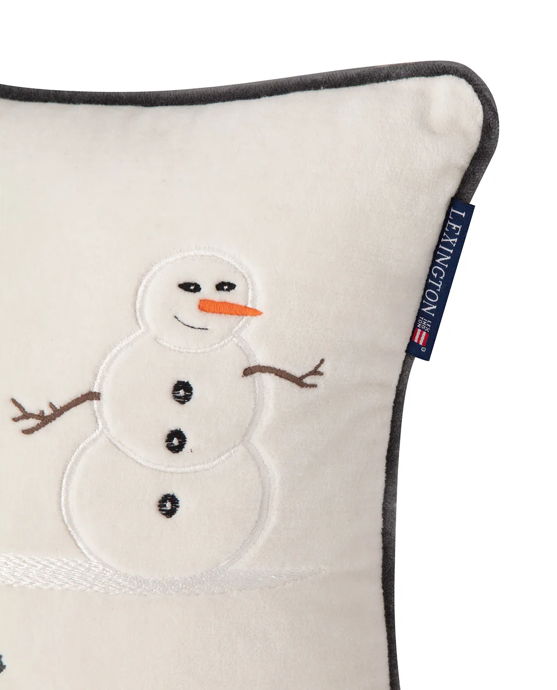 Snowmen Embroidered Cotton Velvet cushion 30x40 cm, Snow white-dark grey Lexington