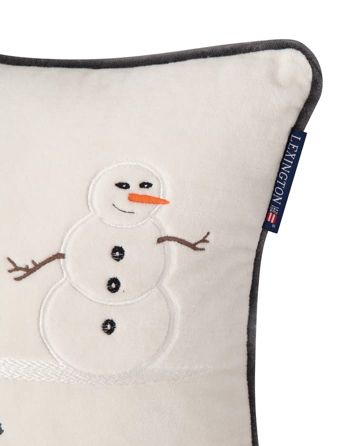 Snowmen Embroidered Cotton Velvet cushion 30x40 cm - Snow white-dark grey - Lexington