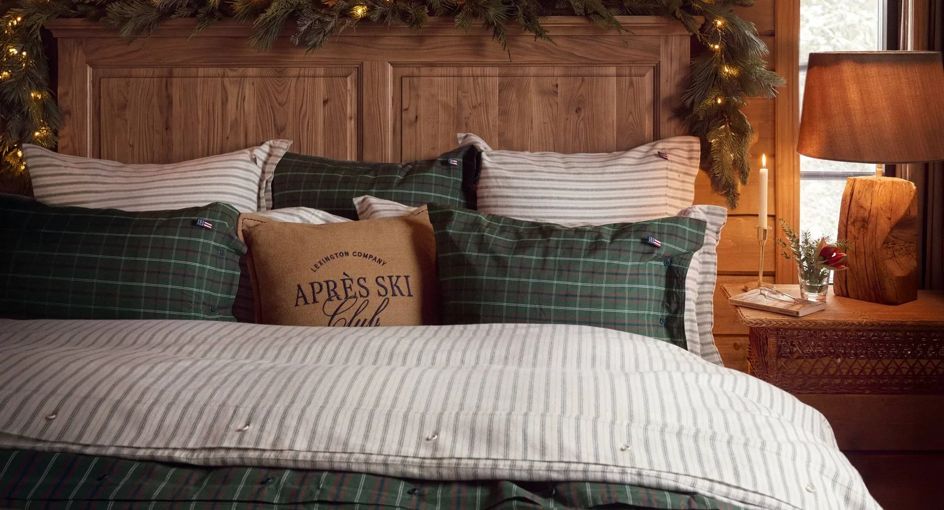 Stripe cotton flannel bed set, White-green-beige, 2 pcs 50x60 cm/1 pc 220x220 cm Lexington