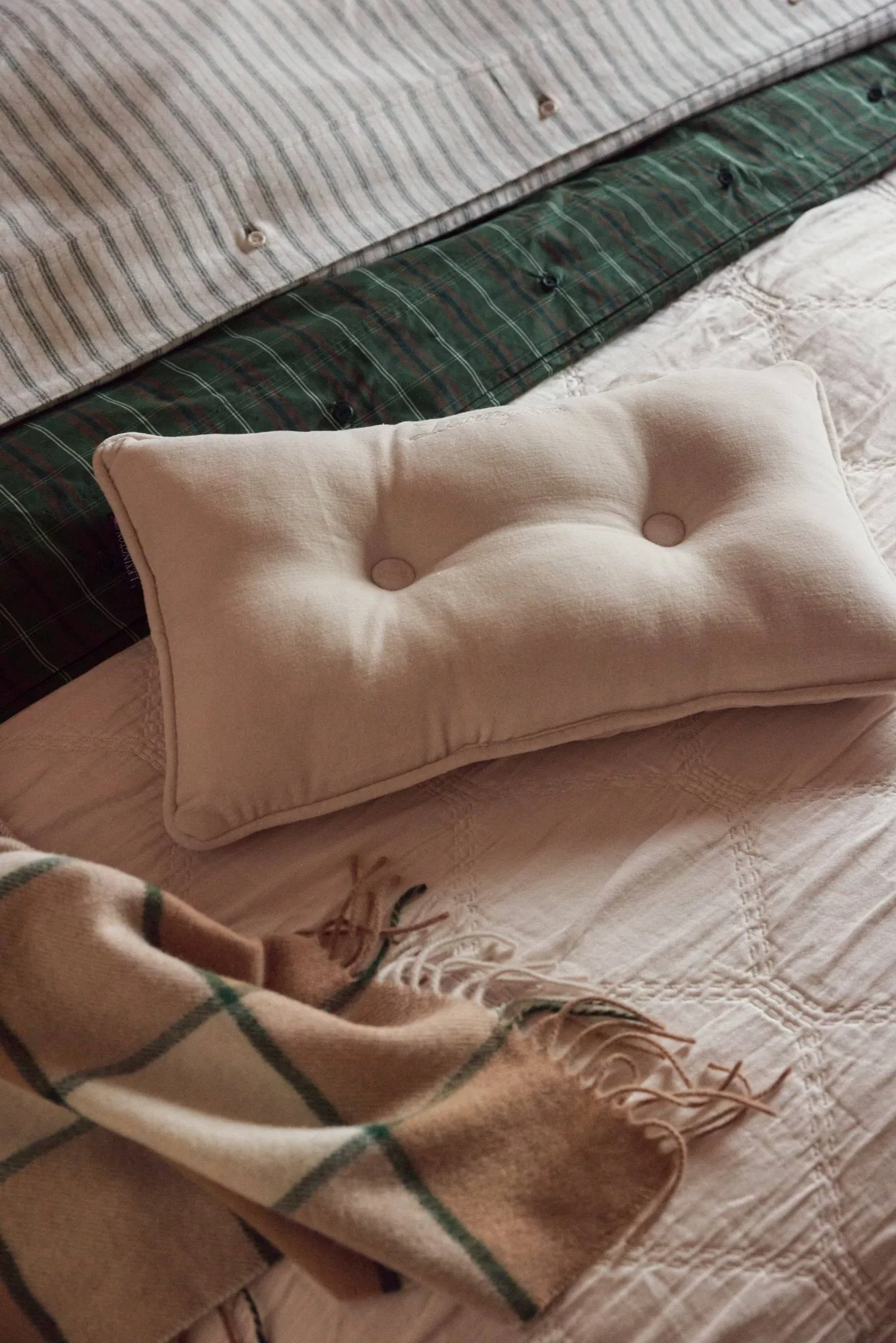 Stripe cotton flannel bed set, White-green-beige, 2 pcs 50x60 cm/1 pc 220x220 cm Lexington