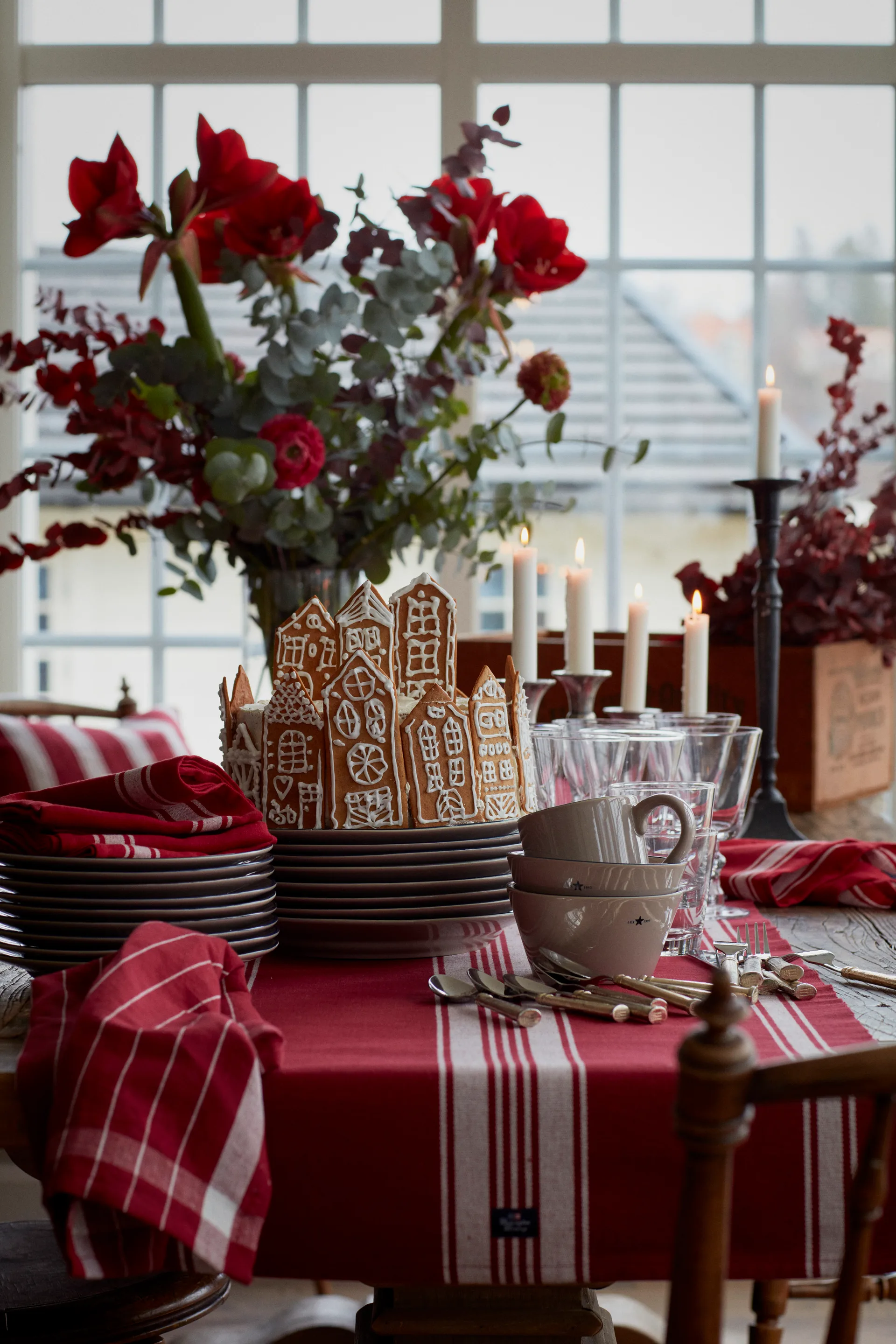 Striped Organic Cotton Rib table runner 50x250 cm, Red-white Lexington