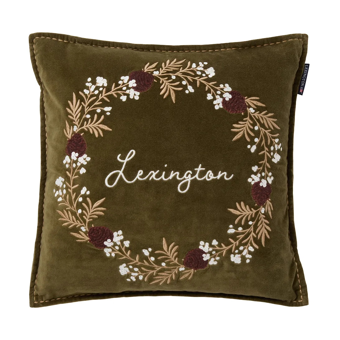 Wreath organic cotton velvet cushion cover 50x50 cm, Olive-brown-white Lexington