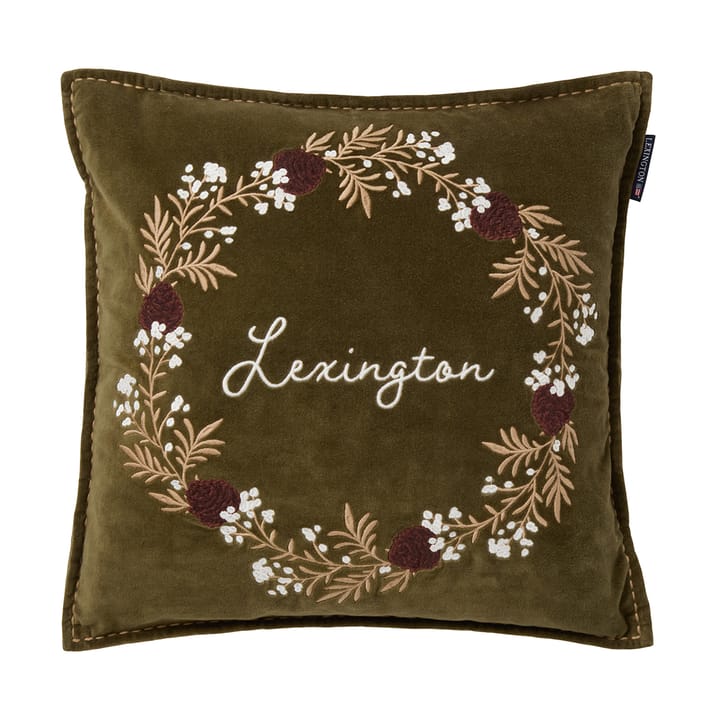 Wreath organic cotton velvet cushion cover 50x50 cm - Olive-brown-white - Lexington