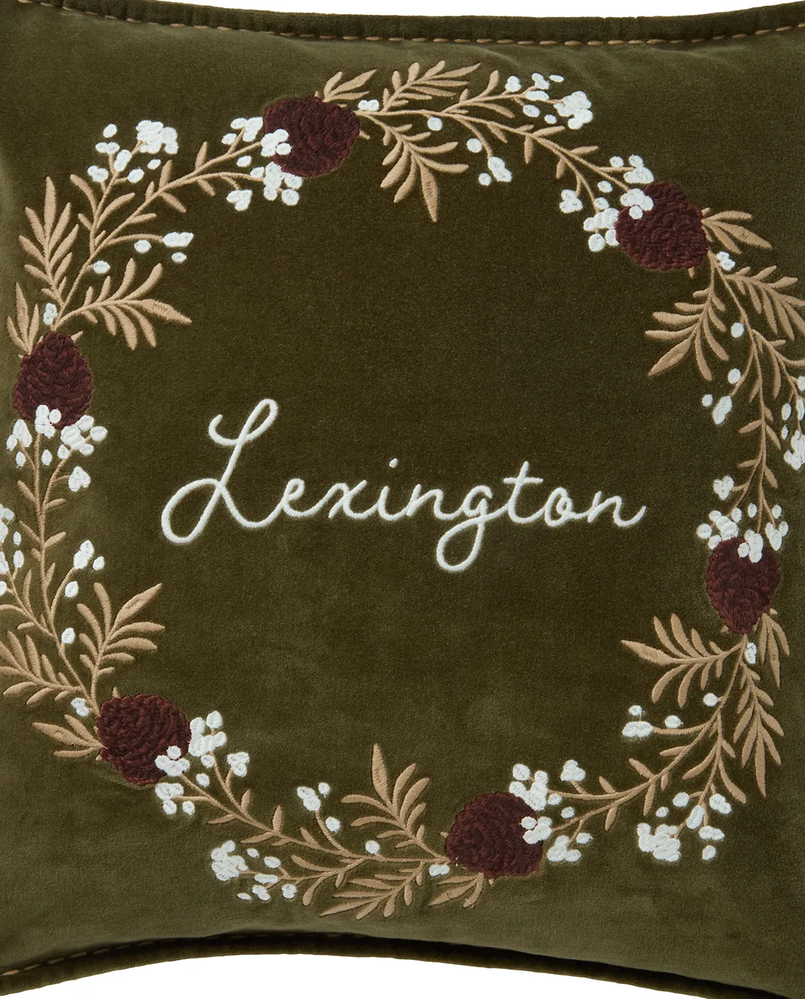 Wreath organic cotton velvet cushion cover 50x50 cm, Olive-brown-white Lexington