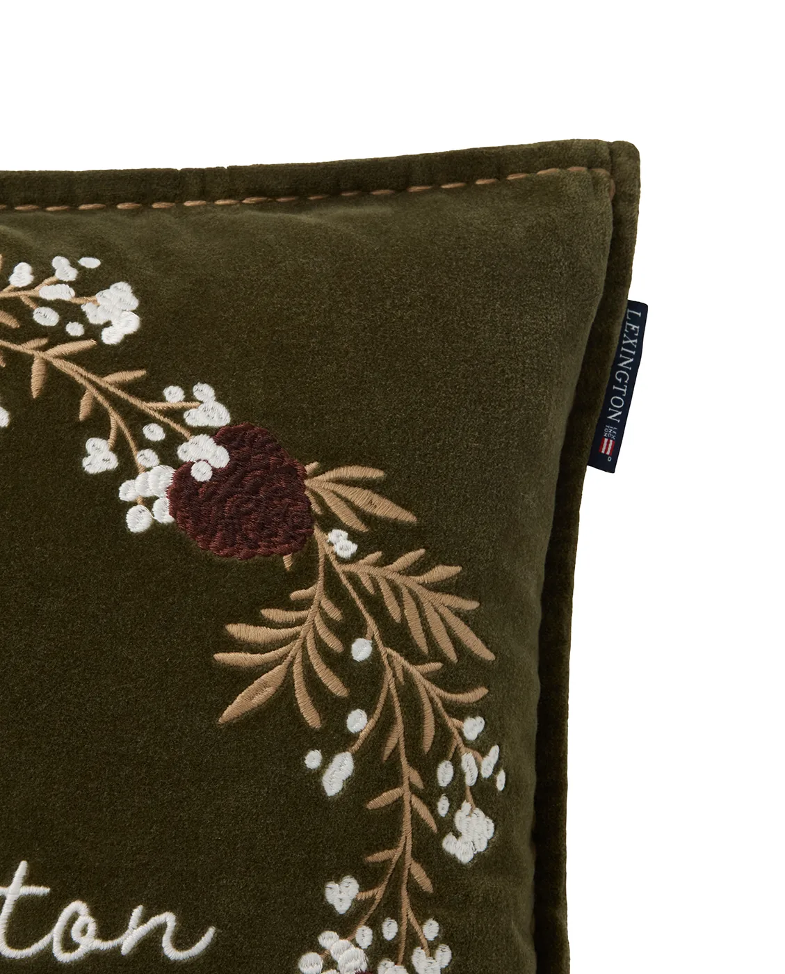 Wreath organic cotton velvet cushion cover 50x50 cm, Olive-brown-white Lexington