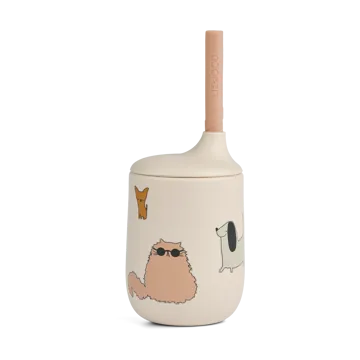 Ellis printed sippy cup with straw 23 cl - Cats and Dogs-Sandy - Liewood