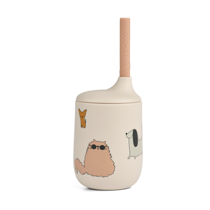 Ellis printed sippy cup with straw 23 cl - Cats and Dogs-Sandy - Liewood