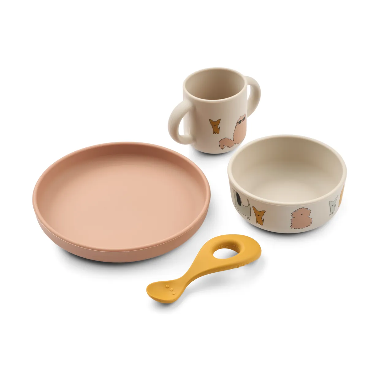 Liewood Vivi printed dinnerware set 4 pieces. Cats and Dogs-Sandy