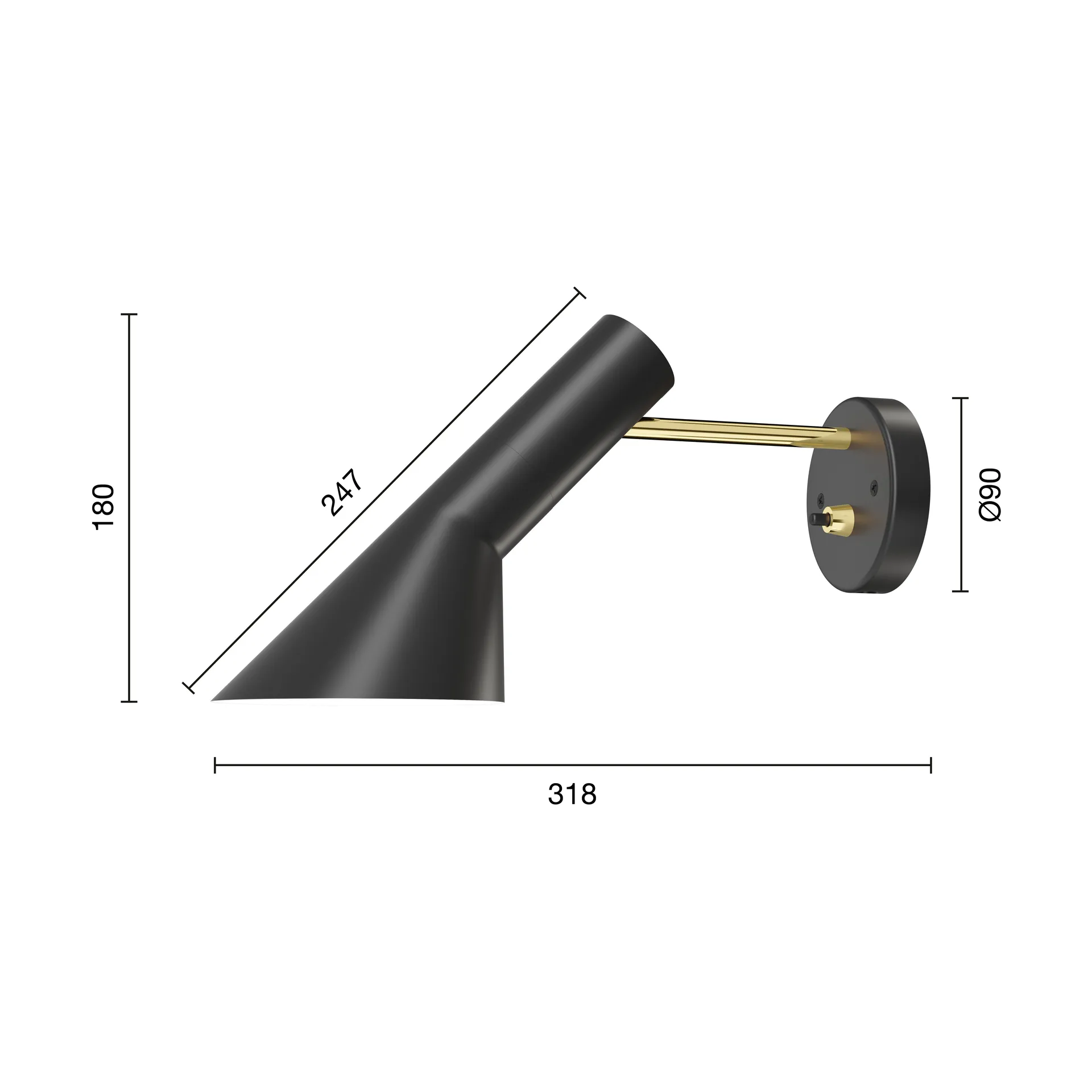 AJ wall lamp fixed installation, Brass-black Louis Poulsen