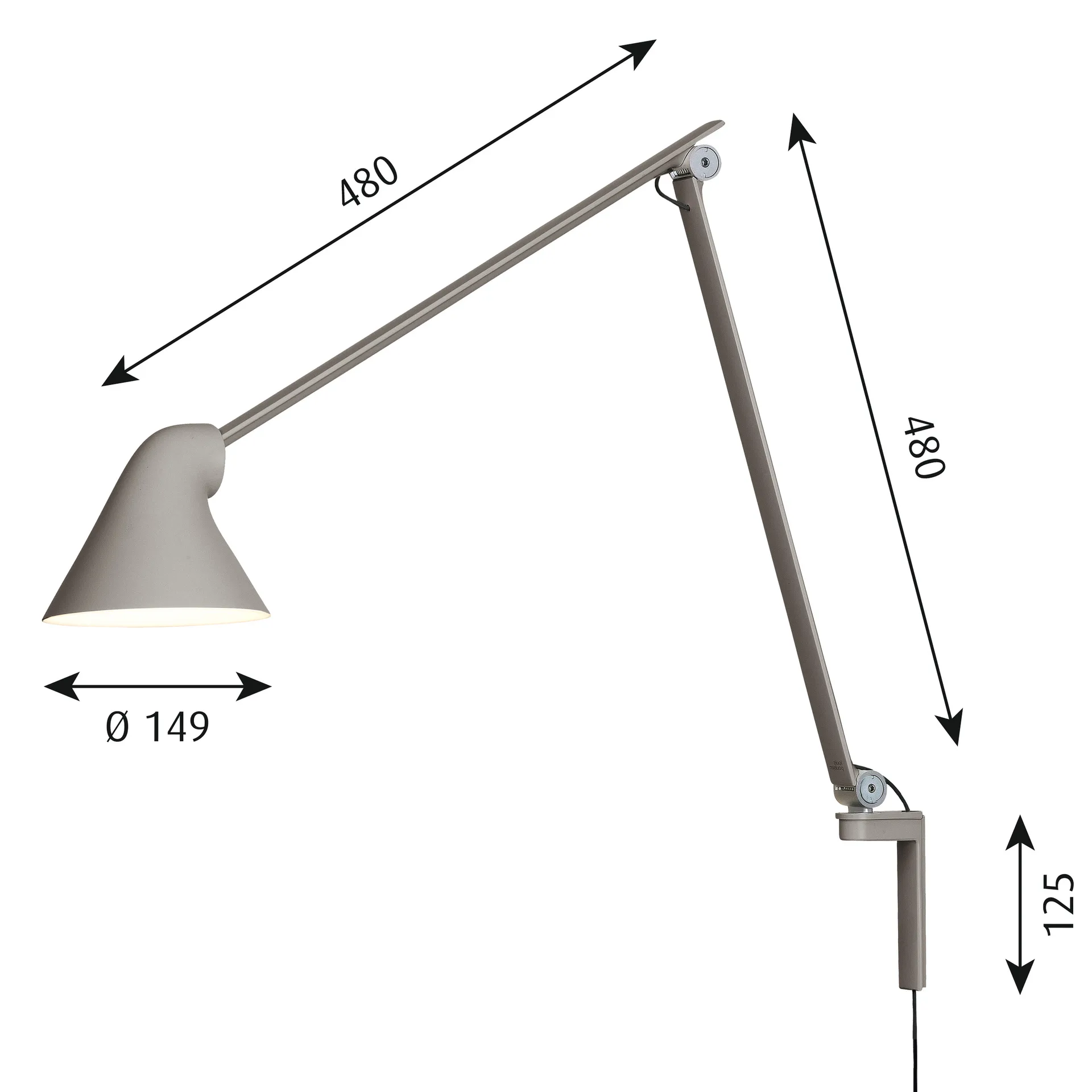 NJP wall lamp long arm, Light grey Louis Poulsen