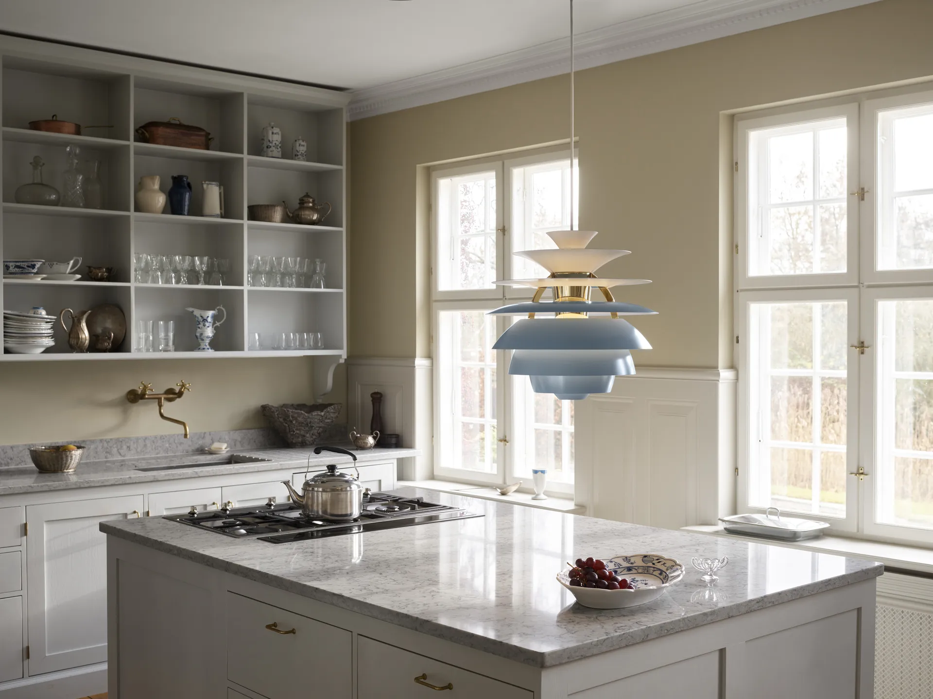 PH Snowball pendant lamp, Dusty blue-brass Louis Poulsen