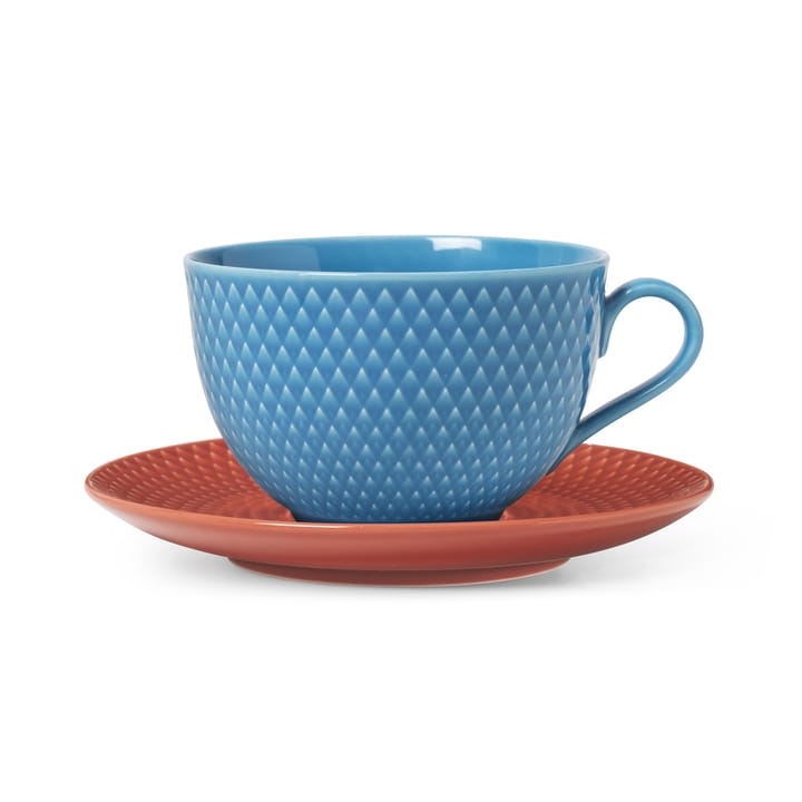 Rhombe teacup with saucer, Blue-terracotta Lyngby Porcelæn