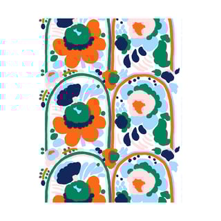 Marimekko Karuselli cotton fabric White-orange-blue-emerald