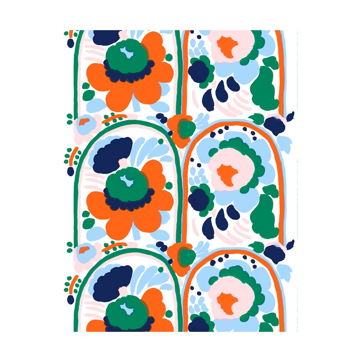 Marimekko Karuselli cotton fabric White-orange-blue-emerald