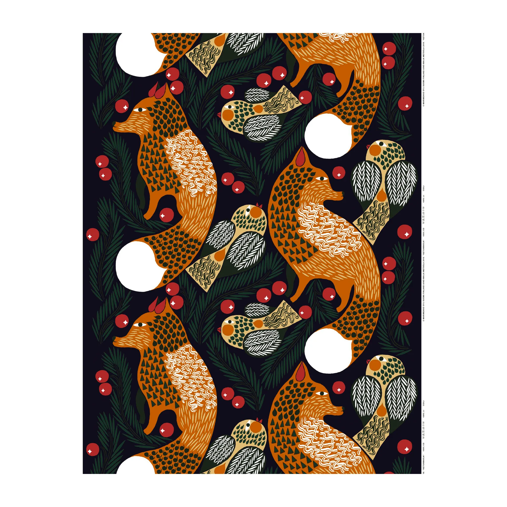 Ketunmarja fabric, Dark blue-brown-dark green Marimekko