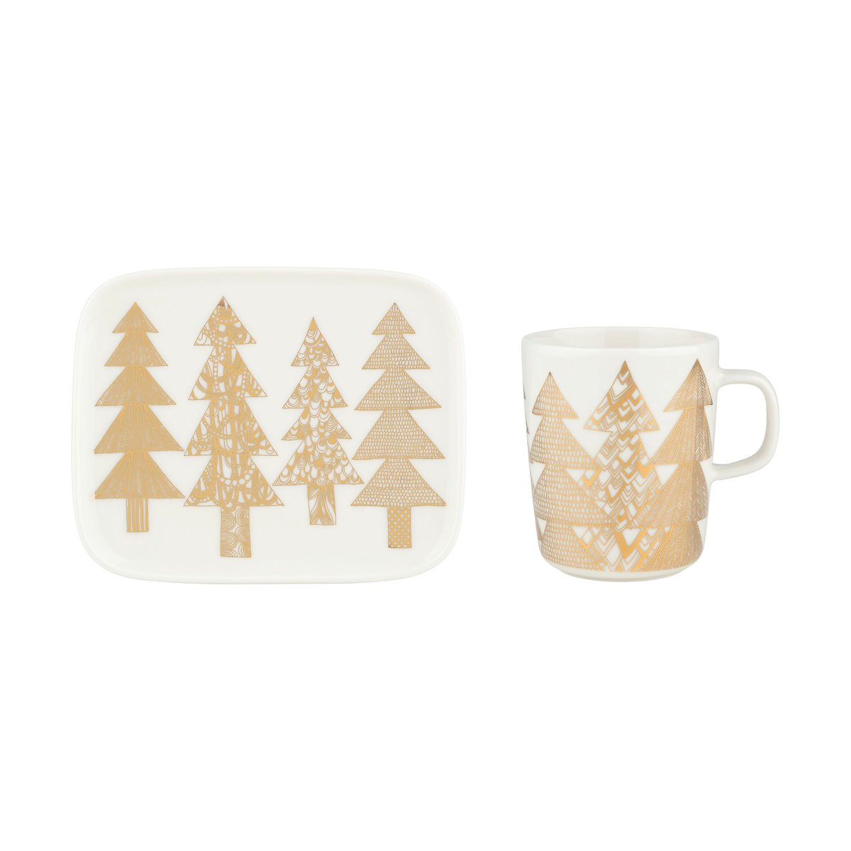 Marimekko Kuusikossa mug 25 cl + plate 15x12 cm White-gold