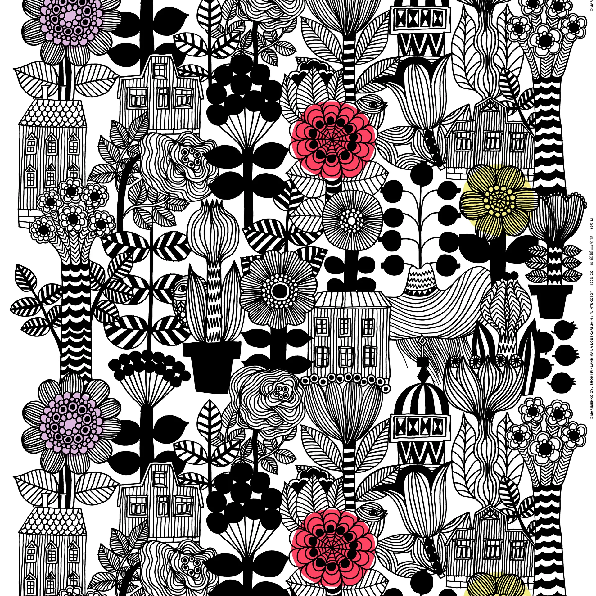Lintukoto fabric, white-black-yellow Marimekko