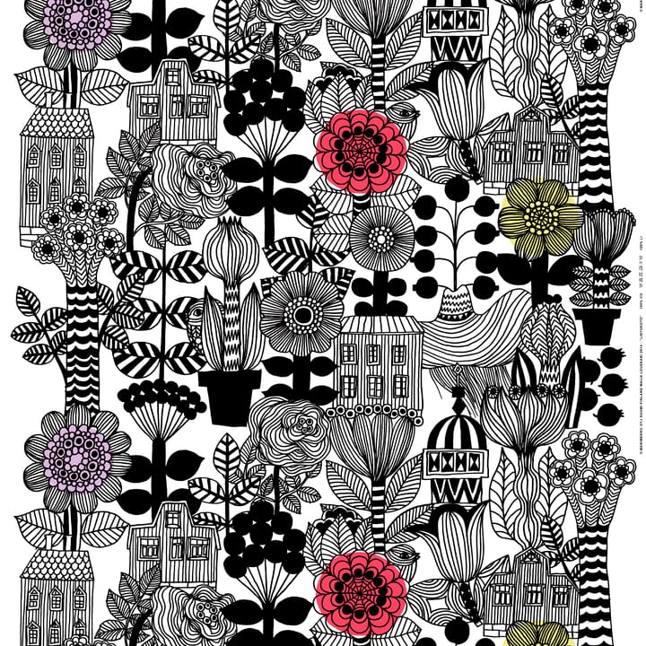 Lintukoto fabric, white-black-yellow Marimekko