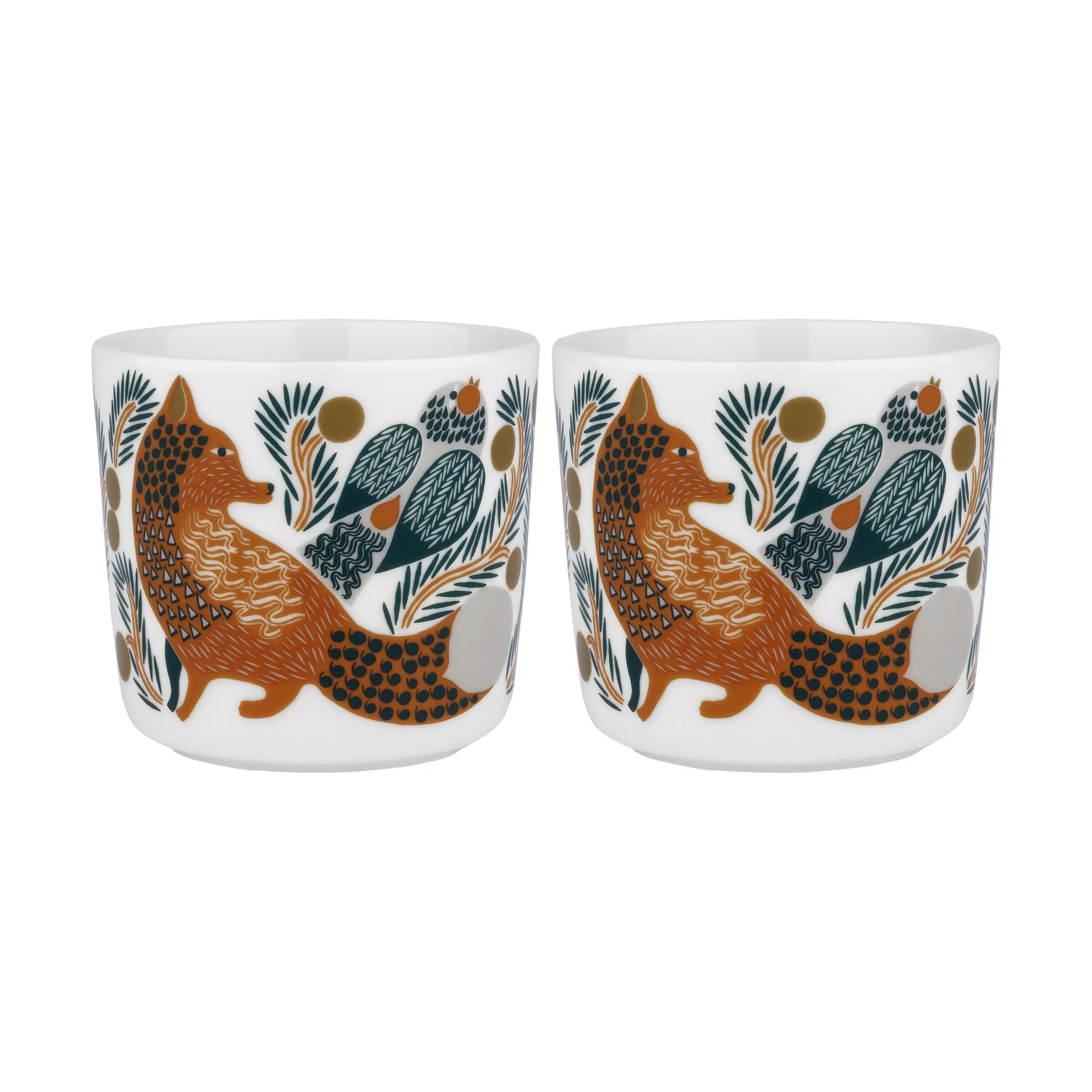 Oiva Ketunmarja coffee cup without handle 20 cl 2-pack, White-brown-dark green Marimekko